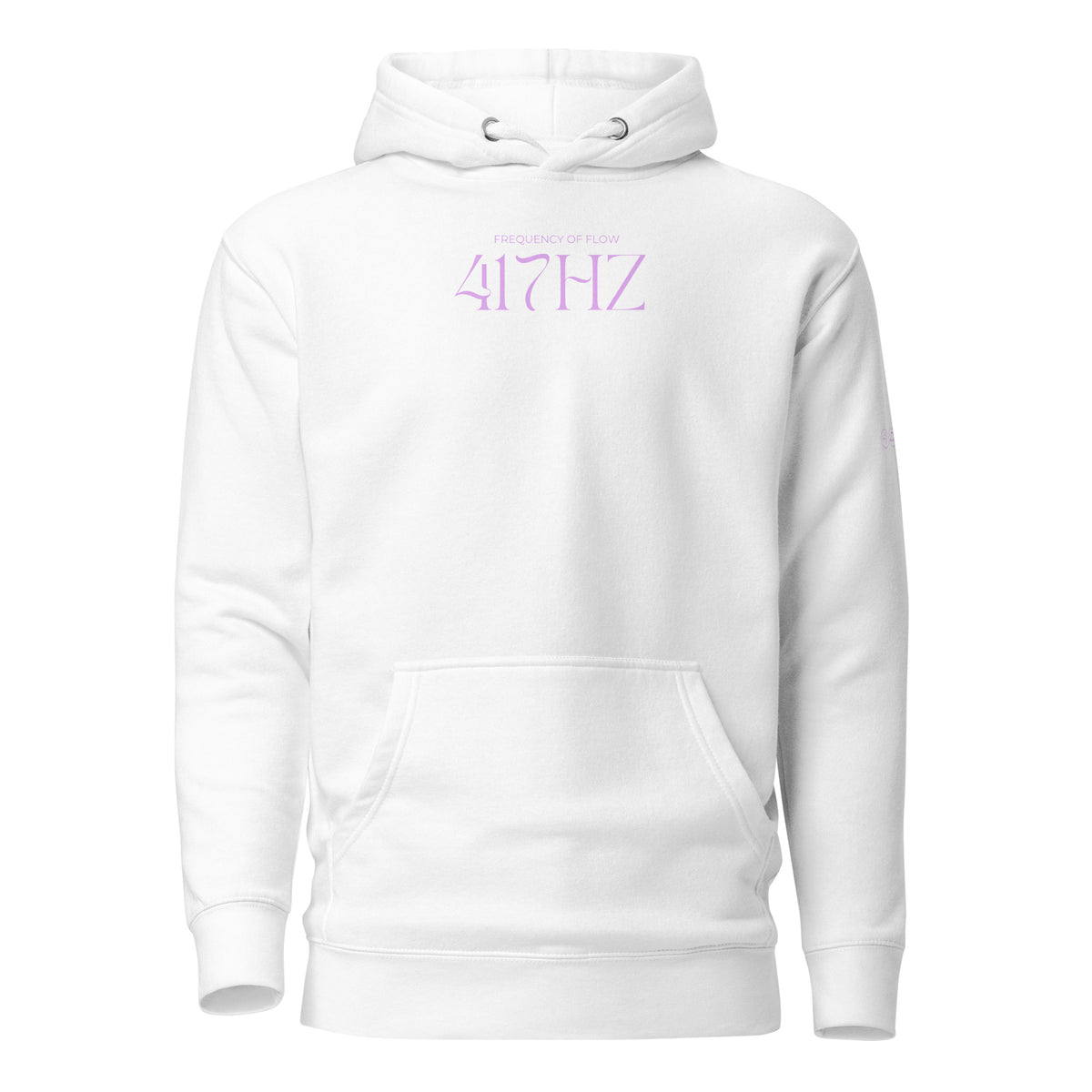 White 417Hz Frequency of Flow hoodie front with soft lavender-pink Frequency of Flow and 417Hz typography.