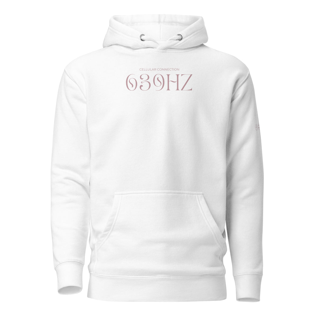 White 639Hz Bonded Currents hoodie front featuring dusty-rose Cellular Connection 639Hz artwork centered on the chest.