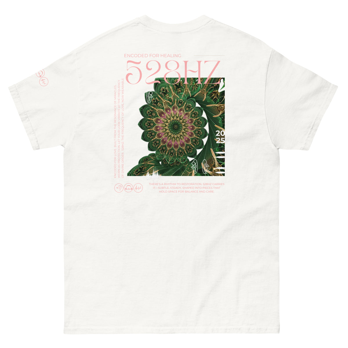 White 528Hz Encoded for Love T-shirt back with intricate green, gold, and violet cymatic-inspired botanical artwork and blush pink details.