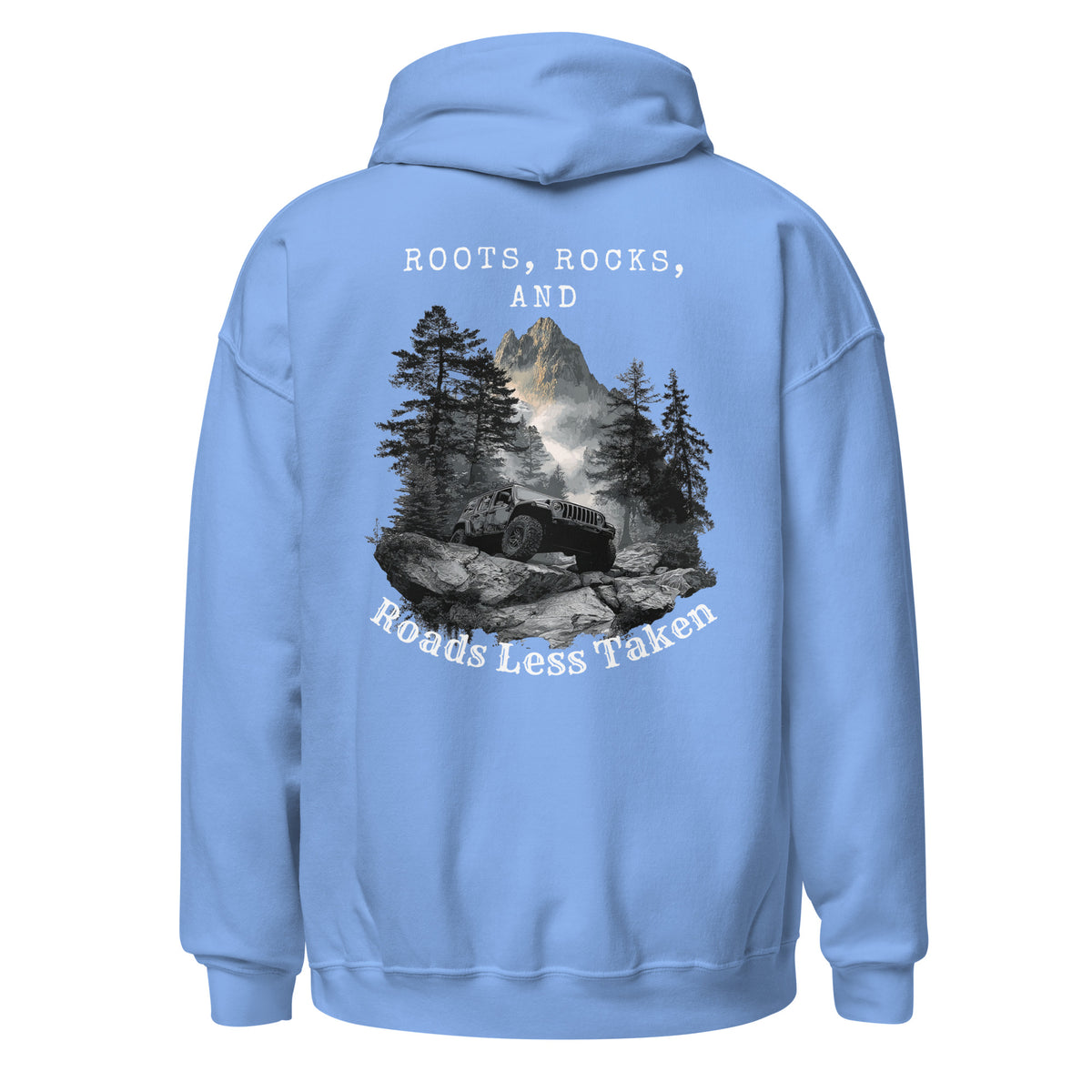 Carolina Blue Roots, Rocks, and Roads Less Taken hoodie back with monochrome Jeep climbing rocky terrain beneath mountains and evergreen trees.