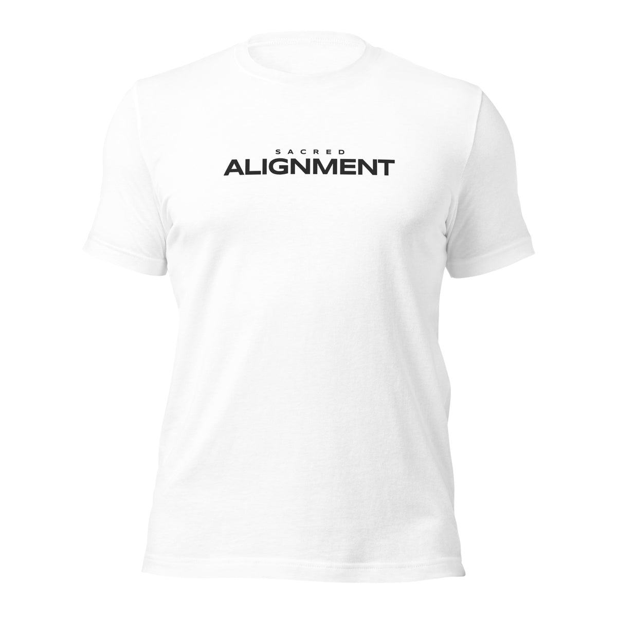 Front view of the Sacred Alignment White unisex t-shirt featuring minimalist "Sacred Alignment" typography centered across the chest.