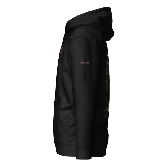 Black 528Hz Encoded for Love hoodie sleeve with blush pink ear, headphones, musical note, and waveform symbols.