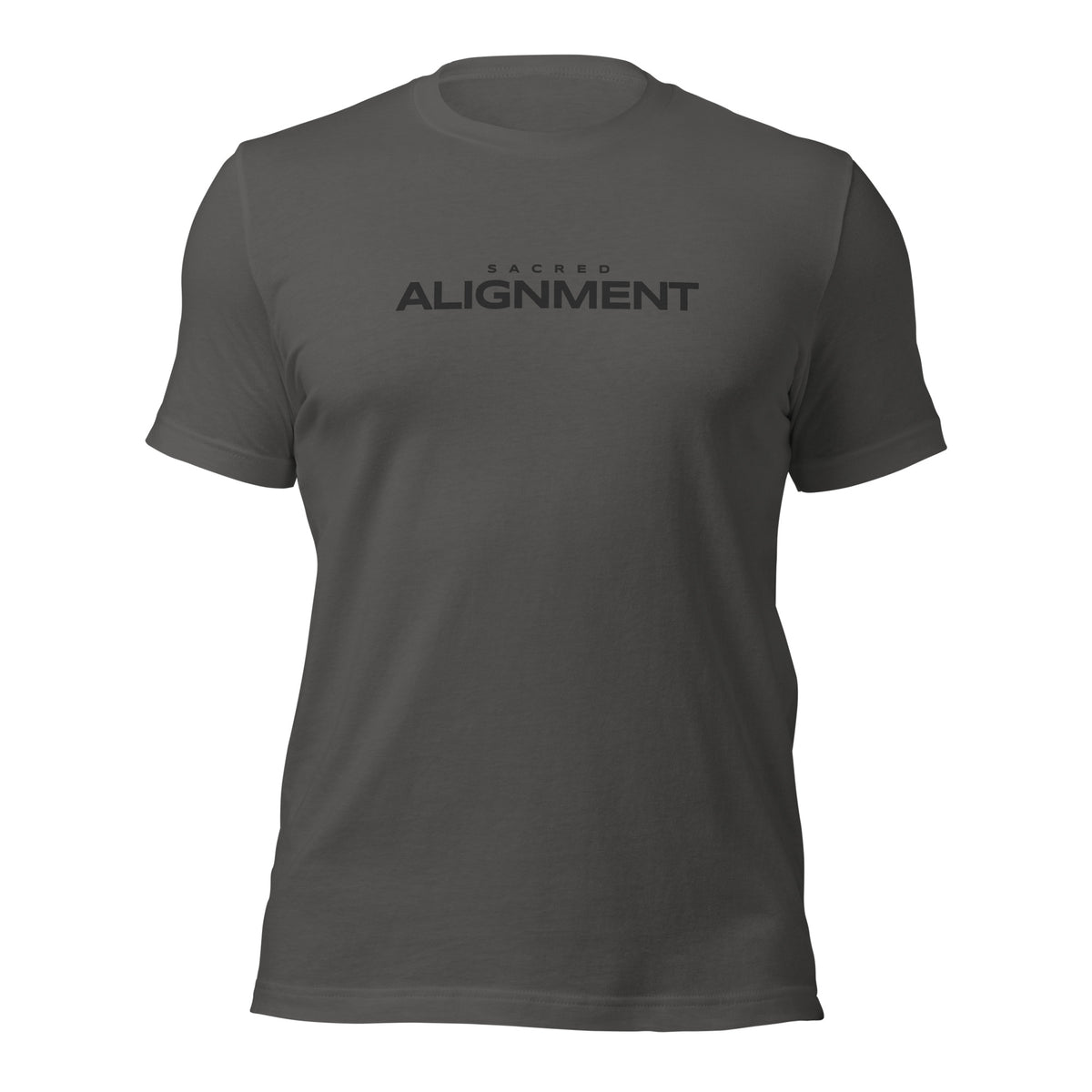 Front view of the Sacred Alignment Asphalt unisex t-shirt featuring minimalist "Sacred Alignment" typography centered across the chest.