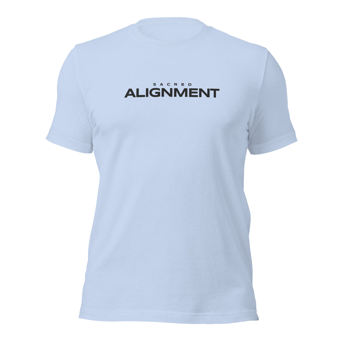 Front view of the Sacred Alignment Baby Blue unisex t-shirt featuring minimalist "Sacred Alignment" typography centered across the chest.
