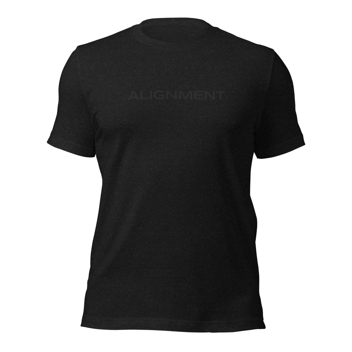 Front view of the Sacred Alignment black unisex t-shirt featuring minimalist "Sacred Alignment" typography centered across the chest.