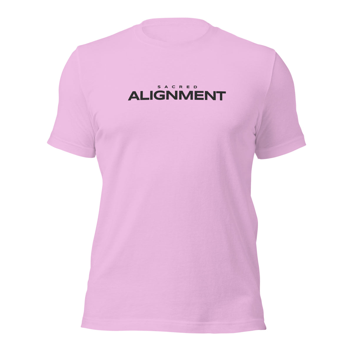 Front view of the Sacred Alignment Lilac unisex t-shirt featuring minimalist "Sacred Alignment" typography centered across the chest.