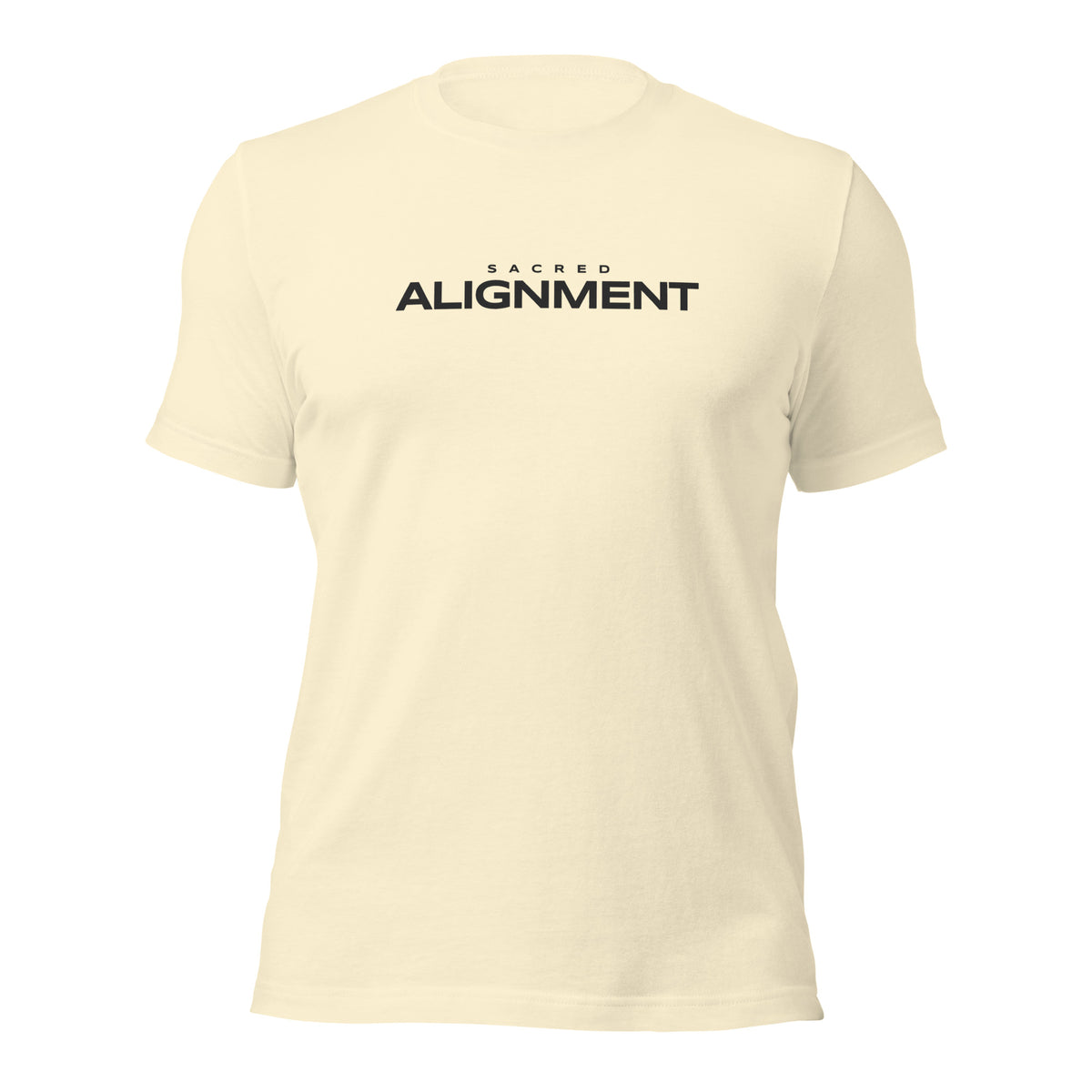 Front view of the Sacred Alignment Natural unisex t-shirt featuring minimalist "Sacred Alignment" typography centered across the chest.