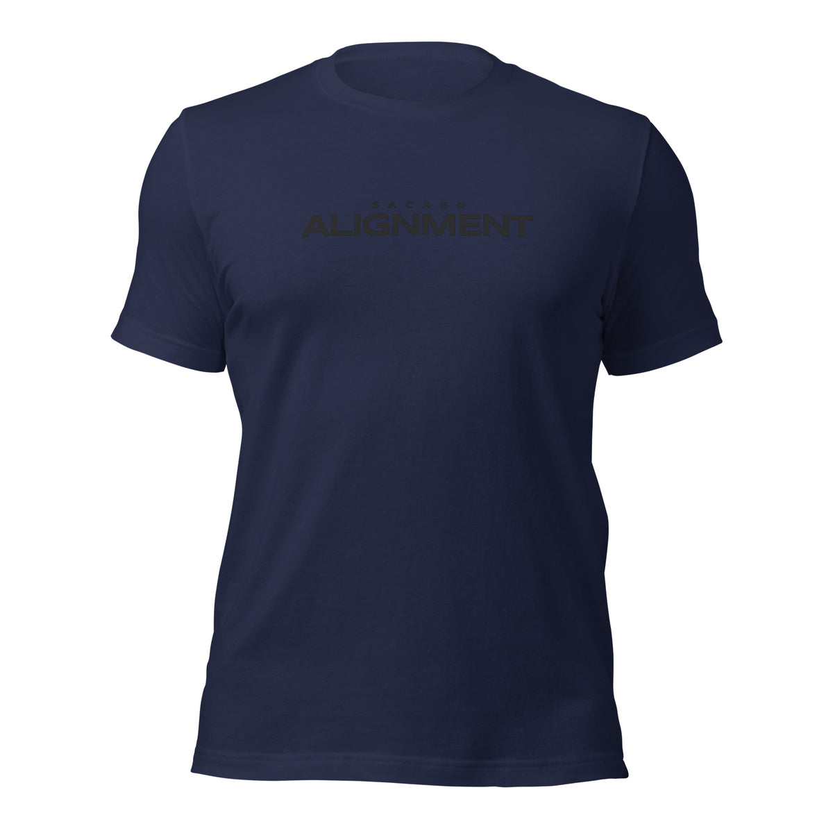 Front view of the Sacred Alignment Navy unisex t-shirt featuring minimalist "Sacred Alignment" typography centered across the chest.