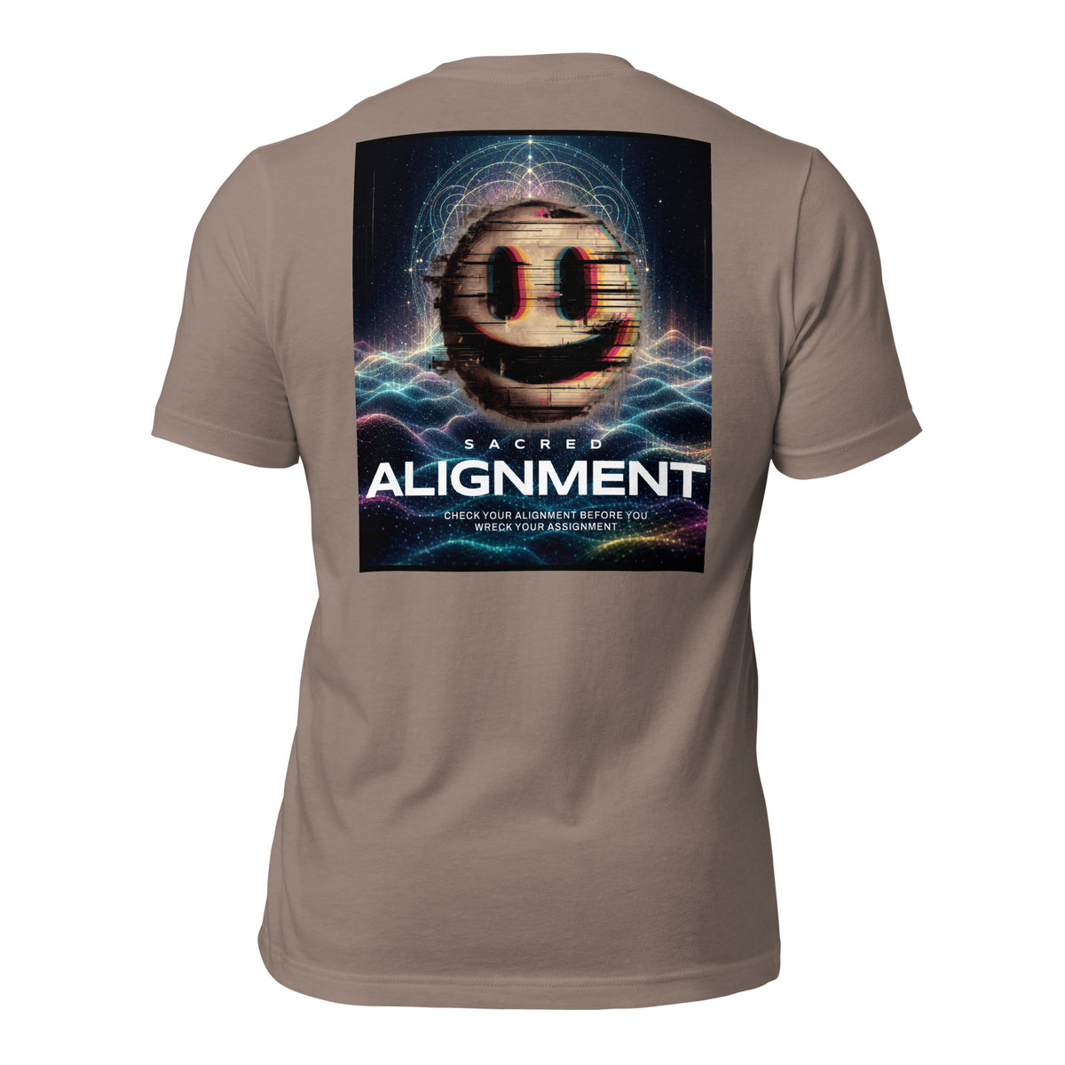 Back view of the Sacred Alignment Pebble unisex t-shirt featuring a colorful smiling face with digital glitch effects, sacred geometry, and a cosmic background above the phrase "Check your alignment before you wreck your assignment."