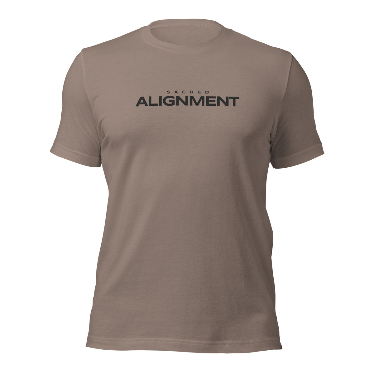 Front view of the Sacred Alignment Pebble unisex t-shirt featuring minimalist "Sacred Alignment" typography centered across the chest.
