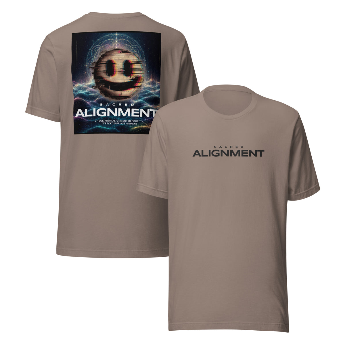 Front and back view of the Sacred Alignment Pebble unisex t-shirt featuring minimalist "Sacred Alignment" typography on the front and a colorful smiling face with digital glitch effects, sacred geometry, and a cosmic background above the phrase "Check your alignment before you wreck your assignment" on the back.
