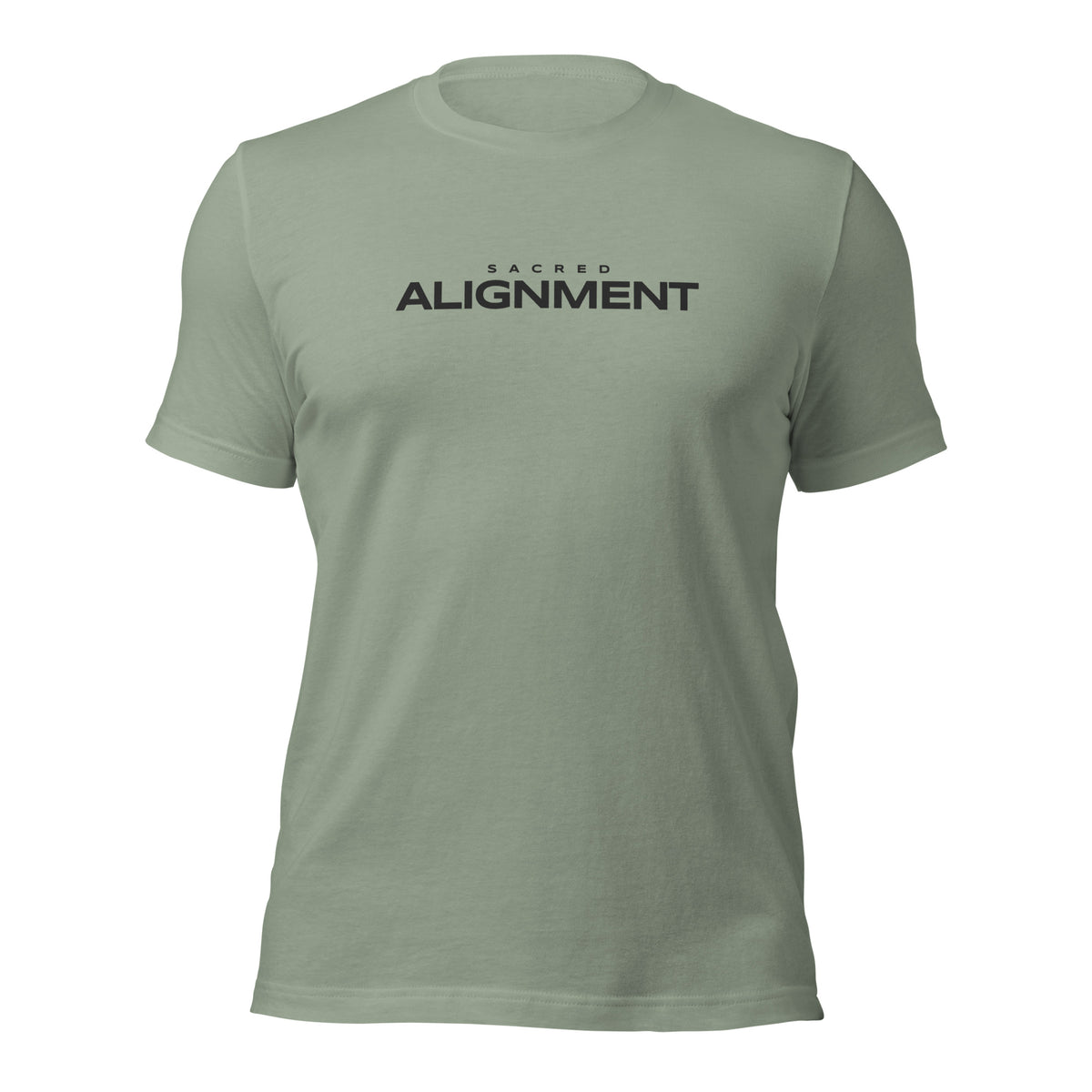 Front view of the Sacred Alignment Sage unisex t-shirt featuring minimalist "Sacred Alignment" typography centered across the chest.