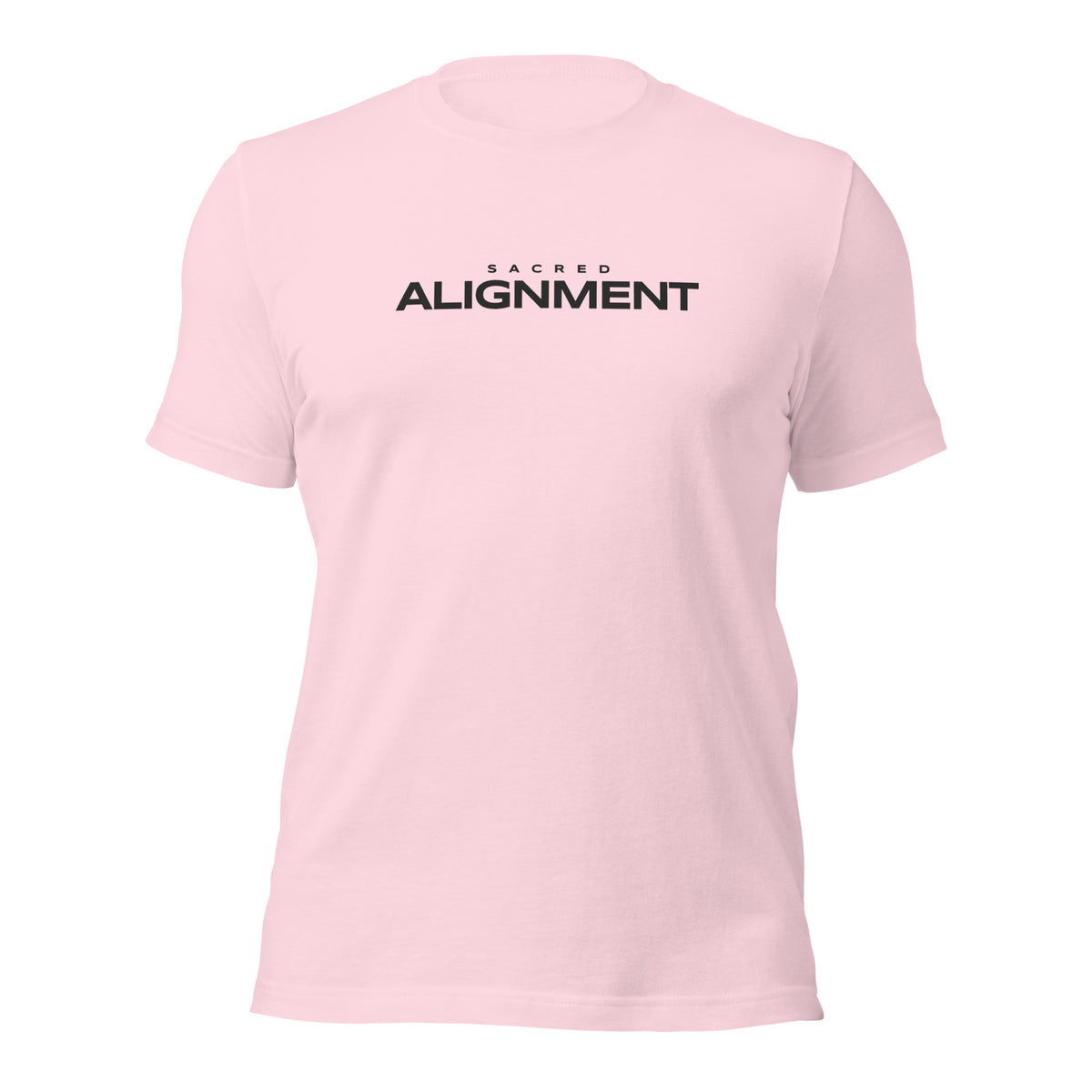 Front view of the Sacred Alignment Soft Pink unisex t-shirt featuring minimalist "Sacred Alignment" typography centered across the chest.